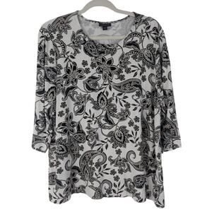 J Jill Wearever Collection Womens 3/4 Sleeve Black White Floral Top Size XL